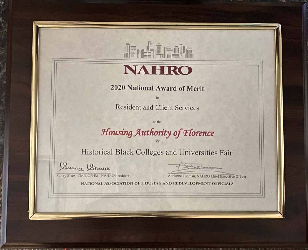 2020 NAHRO Award of Merit presented to Housing Authority of Florence for HBCU Fair