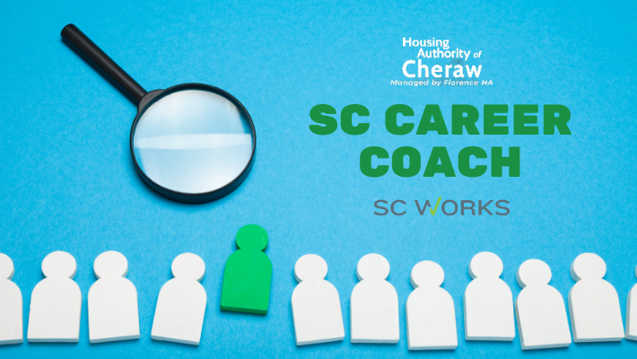 SC Career Coach Event Banner Cheraw Housing with Magnifying Glass