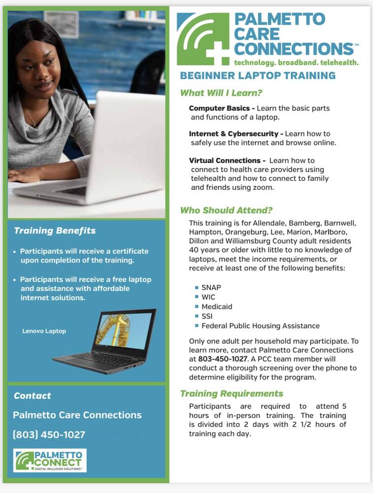 Palmetto Care Connections Labtop training program flyer